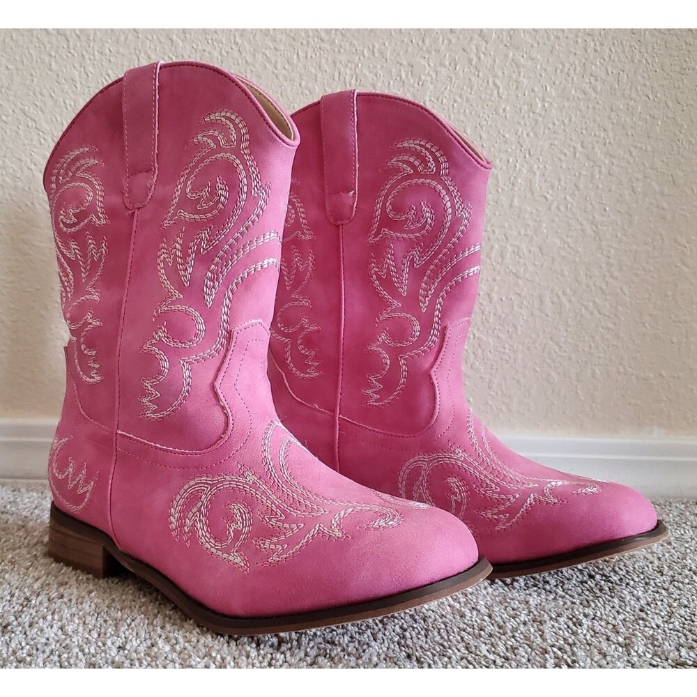 NIB Motasha Girl's Pink Cowgirl Boots Square Toe Embroidery Mid-calf - Size 5